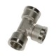 ACCESORIO ROSCADO ADAPTOR EN LATON NIQUELADO DOBLE HEMBRA TE IGUAL HEMBRA, ROSCA BSP CILINDRICA Y M5