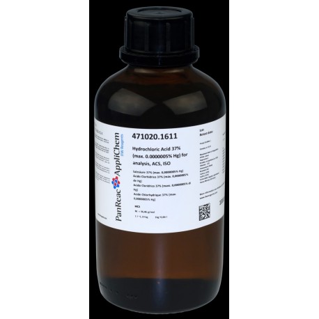 Ácido Clorhídrico 37% (máx. 0,0000005% de Hg) (Reag. USP) para análisis, ACS, ISO PA 1000ml (1 Litro