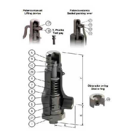 Válvula de seguridad TOSACA roscada 1216 INOX CF3M/316L DN3/4x1" BSP 7 Bar
